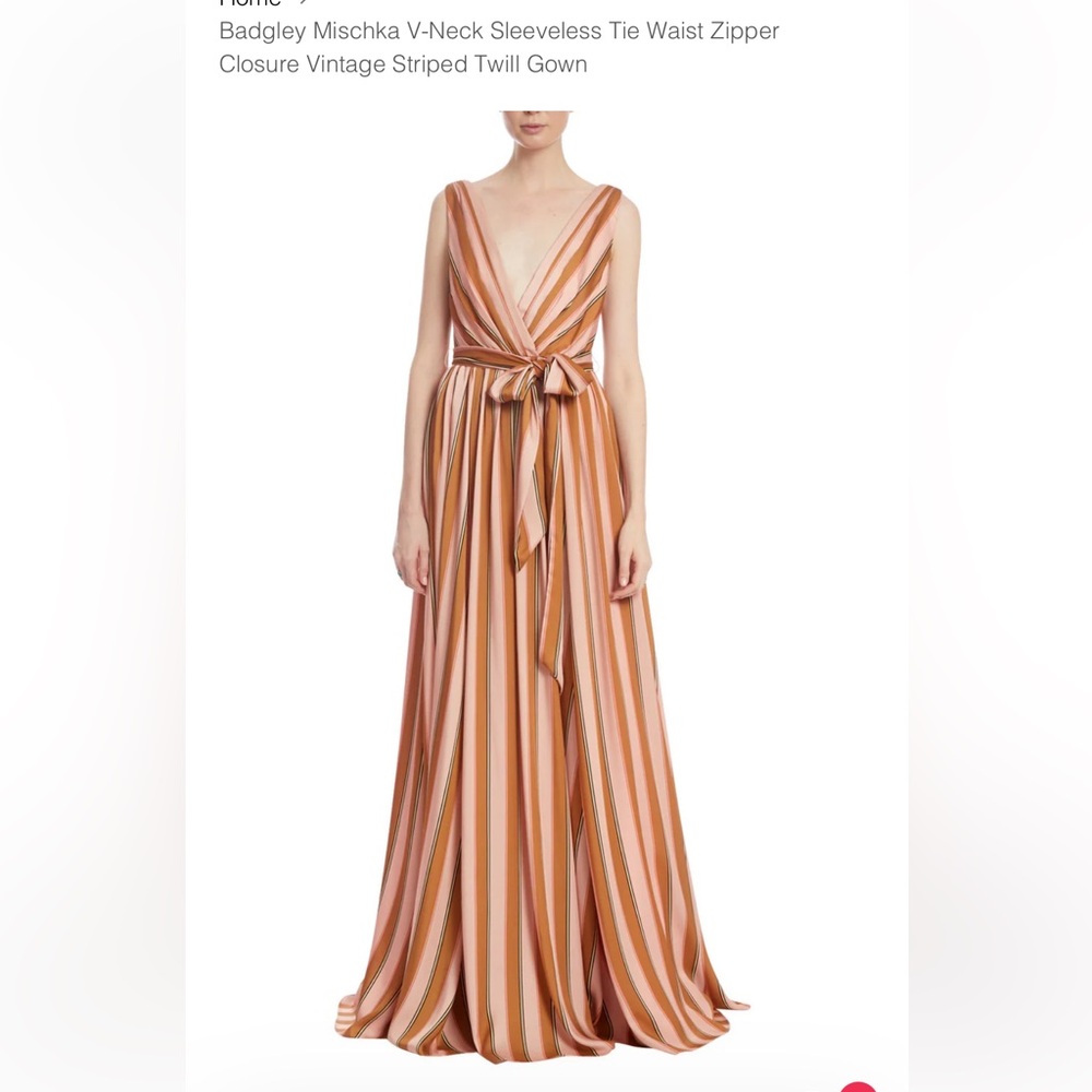 Badgley Mischka V-Neck Striped Twill Gown